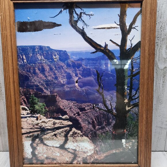 Vtg Framed Mountain Canyon Painted Glass Mirror Art Background 13"x10.5" Korea - Picture 2 of 10